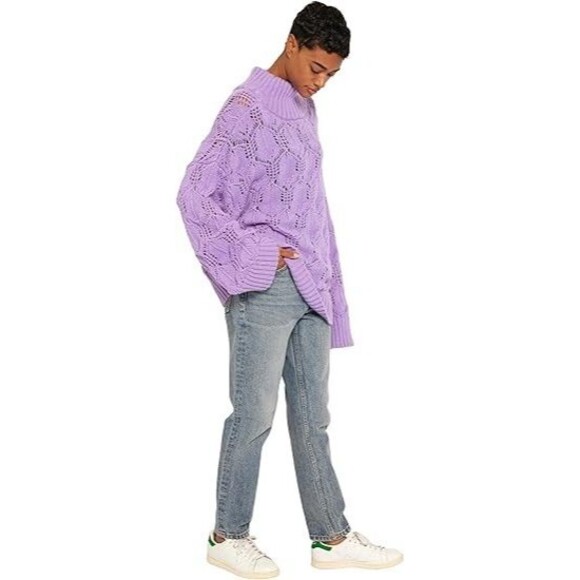 New Joie Imaan 100% Wool Open Knit Sweater Deep Lavender Chunky Knit Large - Picture 2 of 6